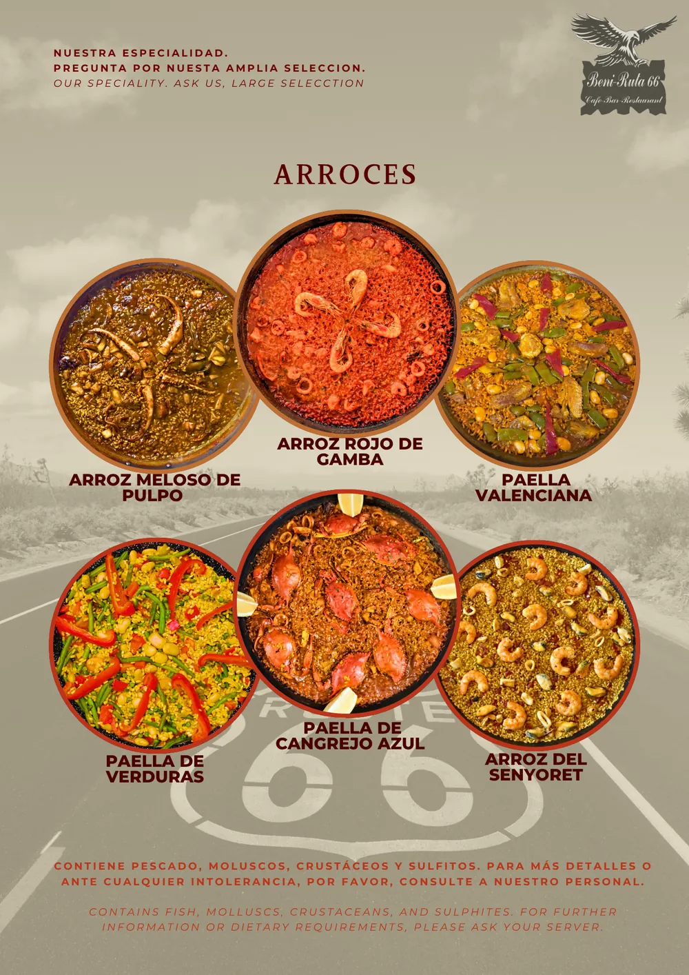 Arroces, nuestra especialidad: arroz meloso de pulpo, arroz rojo de gamba, paella valenciana, paella de verduras, paella de cangrejo azul y arroz del senyoret. Pregunta por nuestra amplia selección.